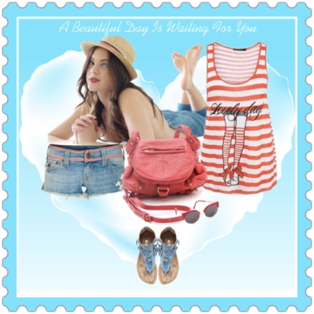 Fashion on http://ideafill.me | adventure, light-blue-color, cloud, coral-color, denim, heart, lovely-day, mini-bag, place, red-color, sandals, sense, shorts, sunglasses