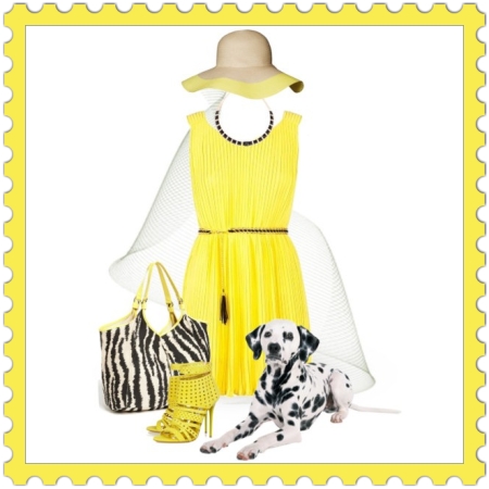 Fashion Set | collar-necklace, dalmatina, day, dog, floppy-hat, perforated-sandals, pleated-dress, time, walk, yellow-color, zebra-print